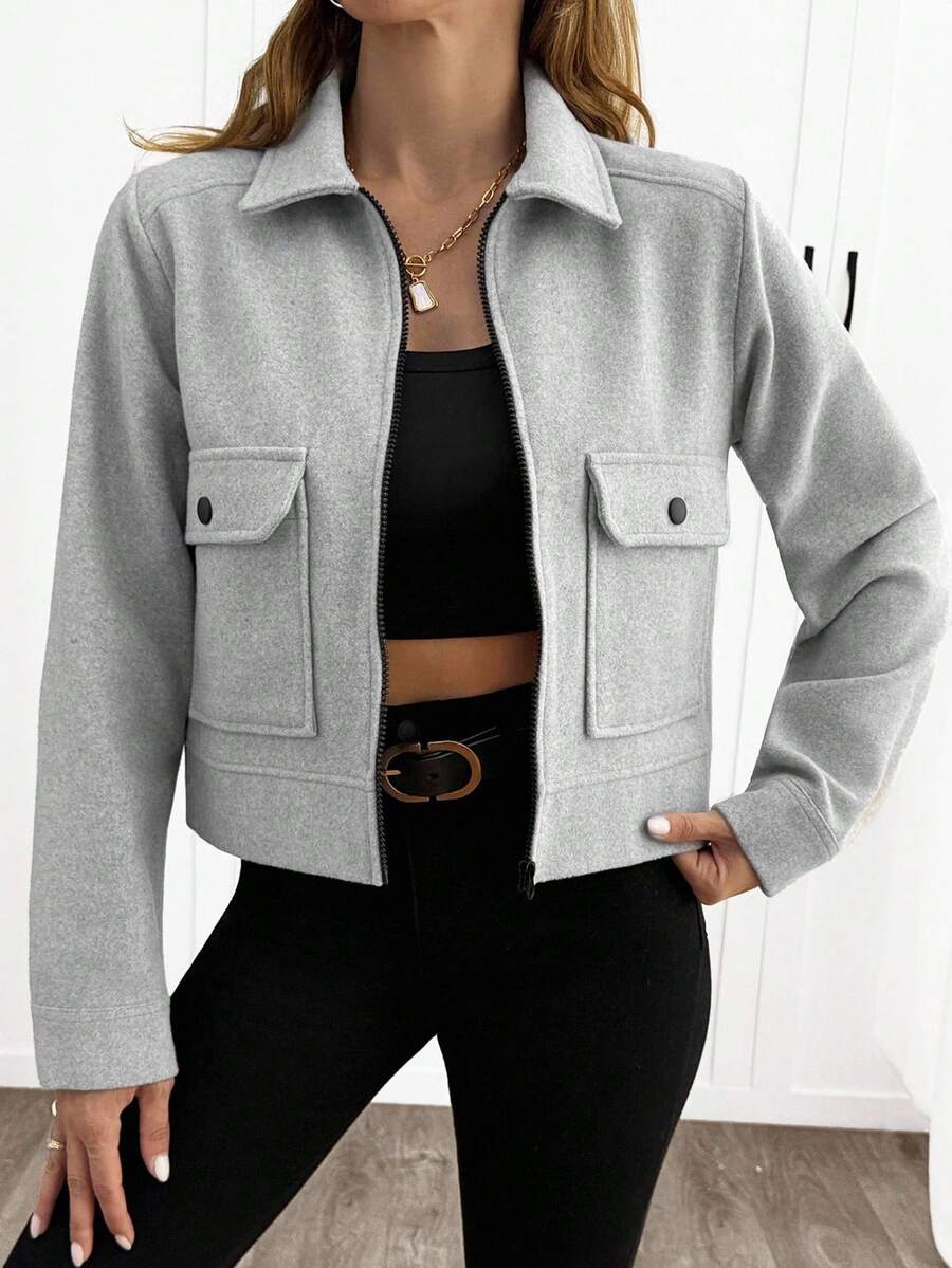 EURMUSE 1 Áo khoác nữ tay dài màu xám có khóa kéo, túi thường ngày, kiểu dáng áo khoác ngoài thanh lịch - Xám - Xem 1