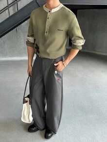 SWAVVY Men's Floral Print Casual Polo Shirt, Long Sleeve, Round Neck, Fall - Coffee Brown - View 5