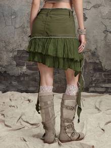 ROMWE Grunge Punk Váy denim mini họa tiết xếp nếp vá lỗi Y2K dành cho nữ - xanh quân đội - Xem 3