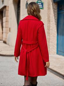 EMERY ROSE Women Elegant Stand Collar Double Breasted Belted Coat - Red - View 2