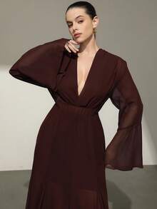 Aveloria Modichic Plus Size Women V-Neck Long Sleeve Dress, European And American Style - Mocha Brown - View 5