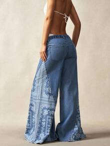 Bohemela Plus Size Women Floral Pattern Pocketed Wide Leg Casual Jeans, Back To School, Vintage, Fall Women Clothes - Blue - View 6