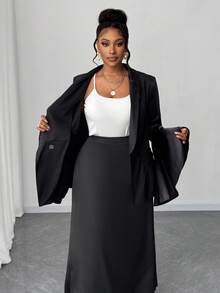 Maweii 大码优雅纯色喇叭袖西装外套 - 黑色 - 查看 6