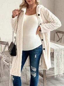SHEIN Maternity Regular Jacket, Long Sleeve Hooded Front Button Fluffy Thick Loose Coat - Beige - View 3