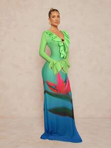 Lumalex 女式渐变色花卉印花露背荷叶边下摆喇叭袖修身长裙 - 綠色 - 查看 6