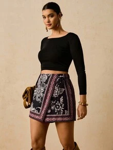 Travachic 加大码波西米亚风休闲度假花卉印花深色秋季女式短裤裙裤，带系带装饰荷叶边下摆 - 彩色 - 查看 6