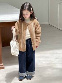 Dazy Kids Girls Lace Cardigan Sweater, Stylish Young Girl Fall Clothes - Camel - View 1