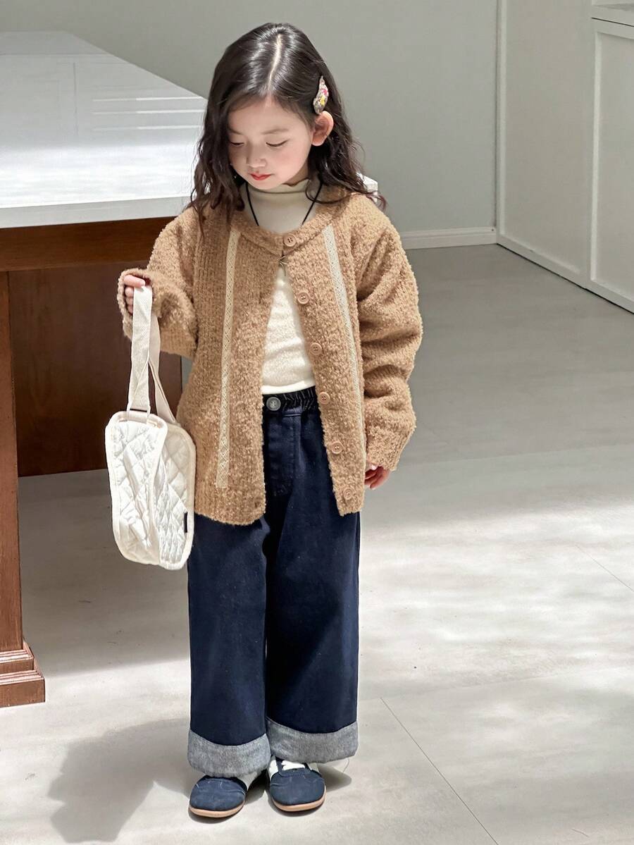 Dazy Kids Girls Lace Cardigan Sweater, Stylish Young Girl Fall Clothes - Camel - View 1