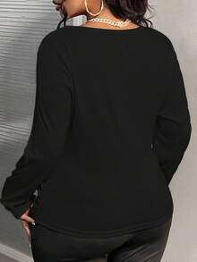 SHEIN CURVE+ 大尺碼方領長袖羅紋針織上衣，色抓皺腰部上衣，秋季，2026 22W - 黑色 - 查看 2