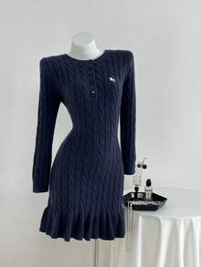 SHEIN Unity Women's Navy Blue Elegant Everyday Ribbed Knit Sweater Dress,Vintage Round Neck Button Front Long Sleeve Embroidered Bodycon Ruffle Hem Autumn Cloth - Royal Blue - View 5