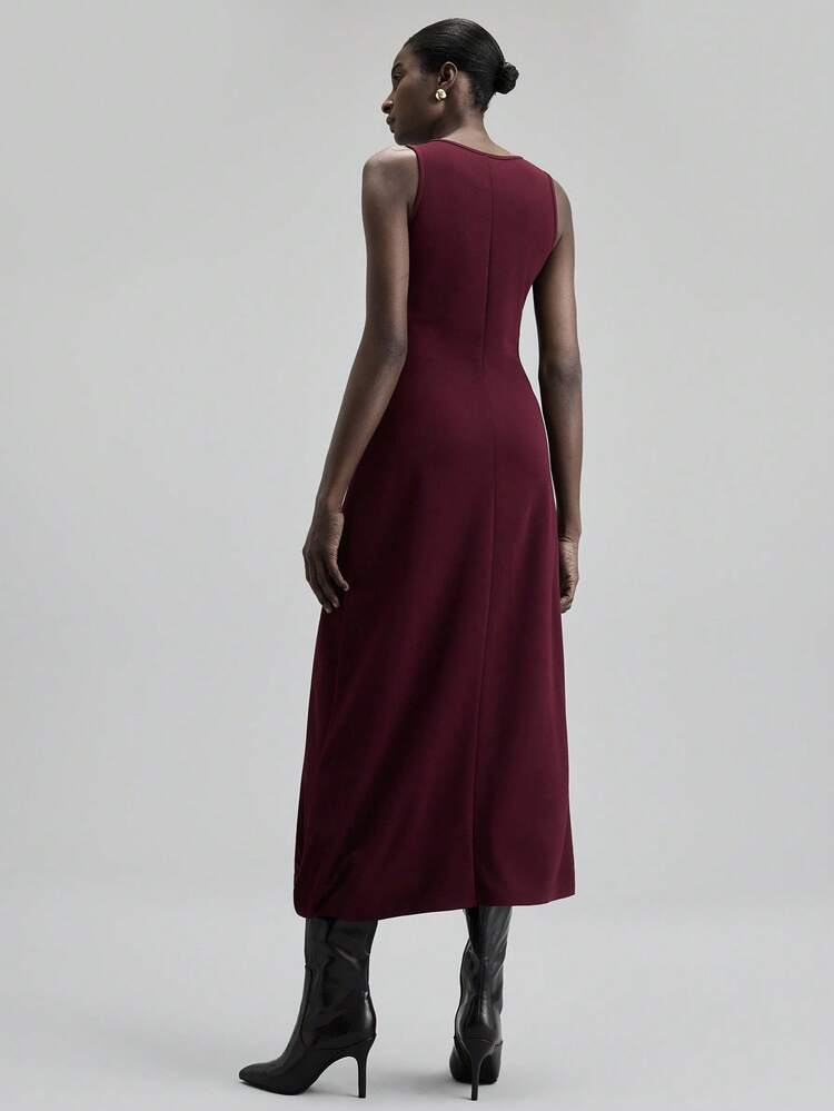 2025 Women's Burgundy Mid-Length Dress,Elegant Minimalist Sleeveless Fitted Silhouette,Office Business Casual,Summer Everyday,Wedding Guest Outfit