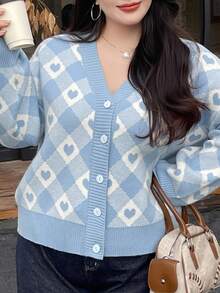 Dazy Plus 大码女式心形提花格子 V 领宽松休闲毛衣开衫，蓝色秋冬 - 藍色 - 查看 5