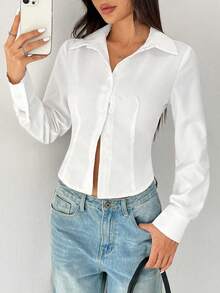 SHEIN EZwear Plus Size White Fitted Casual Shirt, Minimalist & Fashionable For Daily Wear - White - View 7