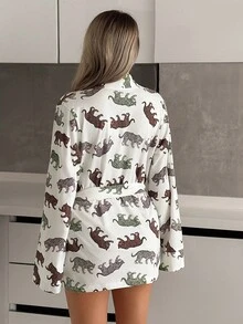 EURMUSE Women Cotton Cute Animal Pattern Long Sleeve Belted Cute Homewear Robe For Ladies - White - View 2