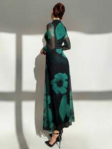 Aloruh Váy dài tay ôm sát in họa tiết lưới màu đỏ thời trang thu đông mới - Màu xanh ngọc - Xem 2