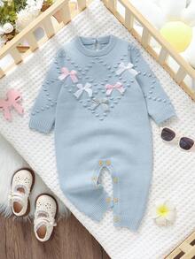 SHEIN 1 pieza Mono azul bebé con decoración de lazo dulce, mono de punto de manga larga de moda