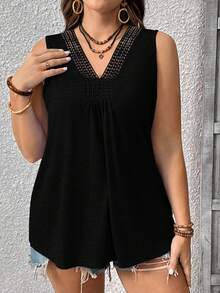 EMERY ROSE Plus Size Women Solid Color Casual V-Neck Lace Patchwork Sleeveless Knit Tank Top - Black - View 4