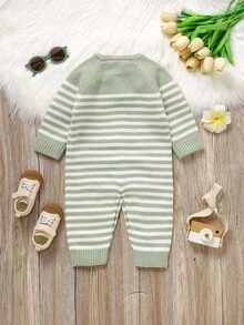 Pale Green Infant Knitted Romper: Round Neck Long Sleeve Simple Striped Design, Fashionable Jumpsuit Versatile Style Baby Boys Winter Clothes Baby Boys Fall Clothes Baby Boys Fall Outfits