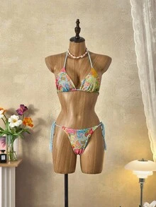 SHEIN Swim Conjunto de Maiô Bikini Casual de Praia de 2 Peças Estampado Retrô Azul Estilo Boho Chic, Multicolorido para Férias e Festas - Multicolorido - Visão 3