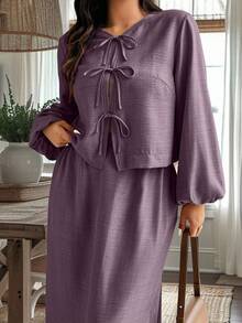 Weeklong 大码女式纯色灯笼袖前系带衬衫和迷你裙休闲两件套