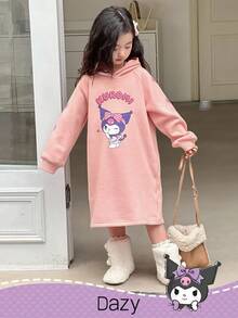DAZY HELLO KITTY AND FRIENDS | SHEIN 女童卡通图案针织连帽抓绒连衣裙，冬季 - 粉色 - 查看 3