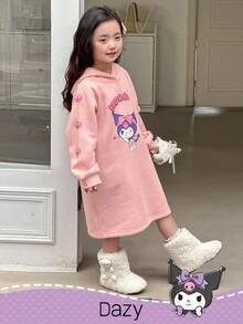 DAZY HELLO KITTY AND FRIENDS | SHEIN 女童卡通图案针织连帽抓绒连衣裙，冬季 - 粉色 - 查看 2