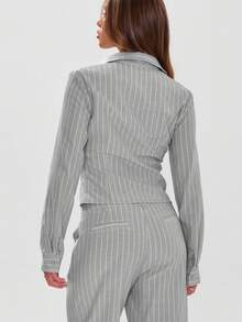 MUSERA 修身长袖衬衫，纽扣开襟细条纹，商务休闲，机场时尚，秋季返校季，优雅假日，春夏皆宜。 - 灰色 - 查看 2