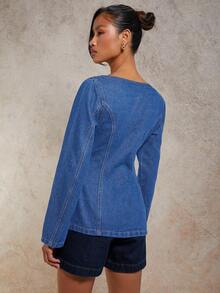 COSMINA Chemisier en denim à manches longues, col carré, simple boutonnage, pour femmes