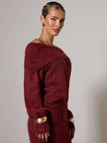Women's Elegant Off Shoulder Long Sleeve Sweater And Knitted Midi Skirt 2 Pieces Set, Suitable For Daily Commute, Autumn/Winter Christmas 2 Piece Sets - Red - View 5