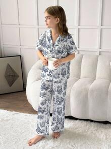 SHEIN 女童印花领短袖睡衣套装 - 寶藍色 - 查看 3