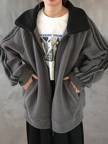 FRIFUL 女式常规领袖装饰丝带拼布灯芯绒撞色夹克 - 灰色 - 查看 2