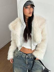 Coolane 女士秋冬街头风 Y2K 日常装 简约约会夜 休闲复古风 温暖毛茸茸的白色翻领宽松短款人造皮草大衣 - 白色 - 查看 6