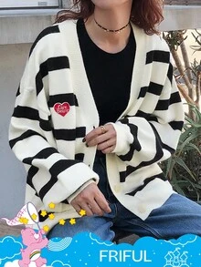 SHEIN X Care Bears FRIFUL 女式 V 领宽松条纹落肩宽松刺绣纽扣前开衫 - 黑與白 - 查看 1