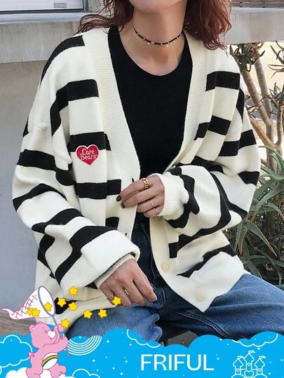 SHEIN X Care Bears FRIFUL 女式 V 领宽松条纹落肩宽松刺绣纽扣前开衫