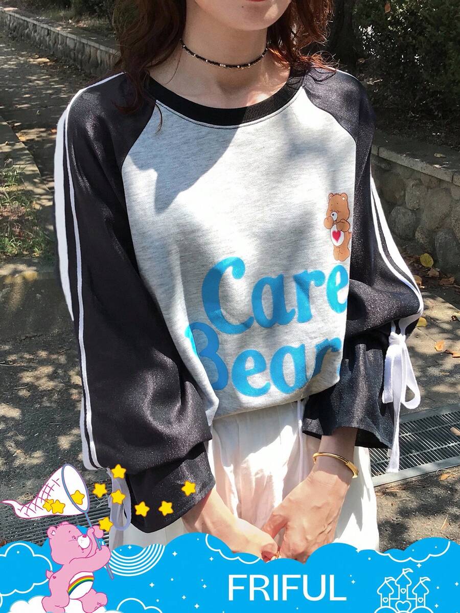 SHEIN X Care Bears FRIFUL 女式圆领休闲字母和卡通图案T恤长袖上衣