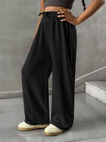 SHEIN Tween Girl Simple Front Tie Loose Sweatpants, Casual Daily Wear Fall Winter - Black - View 3