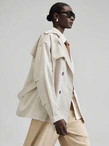 Ontre 女式米色风衣，都市现代风格，带翻领、腰带、收腰