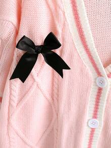 Sparklyn 1 Áo khoác len cardigan cho bé gái, phong cách công chúa ngọt ngào, dệt kim họa tiết, cổ áo tương phản, trang trí nơ đen, cổ chữ V, áo khoác len cardigan tay dài, độ dày thông thường, đa năng, áo khoác len mềm mại và thoải mái, thích hợp mặc hàng ngày, đi học, đi chơi, mùa xuân và mùa thu - Hồng - Xem 4