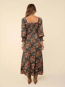 Coeurva Floral Print Square Neck Flounce Sleeve Ruffle Hem Dress - Green - View 5