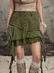 ROMWE Grunge Punk Váy denim mini họa tiết xếp nếp vá lỗi Y2K dành cho nữ - xanh quân đội - Xem 6