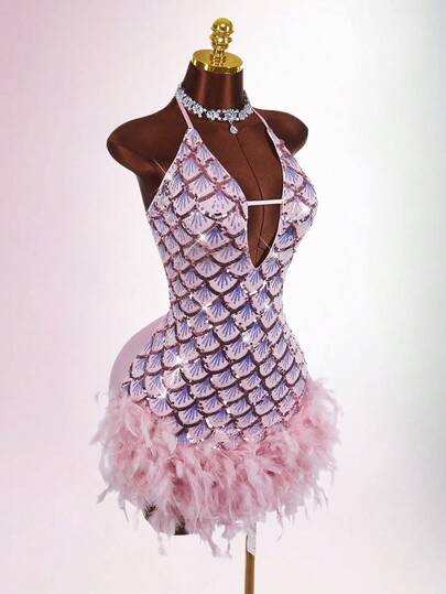 Amplova Party Dress Halloween Costumes Deep V-Neck Halter Sequin & Furry Patchwork Bodycon Mini Dress,Party Dresses For Women