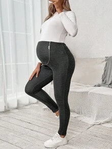 SHEIN Maternity Solid Color Adjustable Waist Thermal Lined Leggings Winter Clothes For Women - Grey - View 3