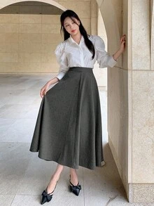 DAZY 女士纯色高腰优雅OL时尚中长裙秋季款 - 深灰色 - 查看 2