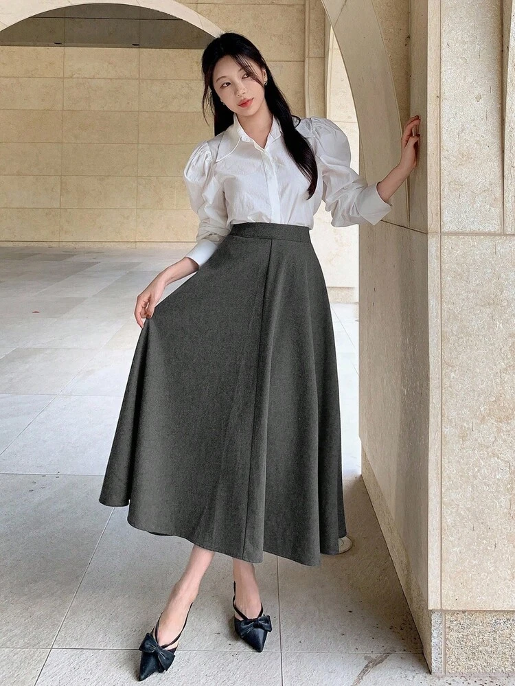 Women's Solid Color High Waist Elegant Office Lady Fashion Midi Skirt Fall