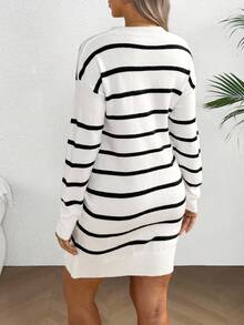 SHEIN Maternity Casual Commuter Striped Pattern Drop Shoulder Loose Knit Sweater Dress, Autumn/Winter - Black and White - View 2