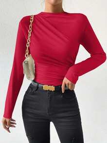 Zolique Women's Solid Color Stand Collar Raglan Sleeve Ruched Bodysuit - Red - View 7