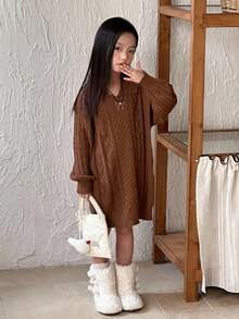 DAZY Vestido de suéter de cuello alto para niña, otoño e invierno - Caqui - Ver 4