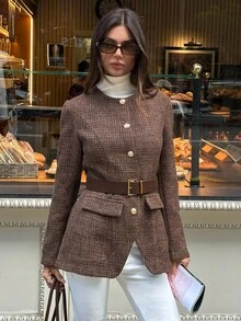Aloruh Women's Fall/Winter Elegant Round Neck Fitted Plaid Tweed Blazer With Belt, Autumn/Winter,Winter Jacket Women,Winter Coat For Women,Business Casual Woman,Brown Blazer,Cozy Fall And Winter Clothes For Women - Khaki - View 5