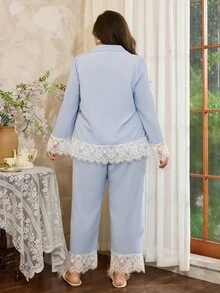 Côtesoire Bộ đồ ngủ tay dài phối ren nhiều màu thanh lịch cỡ lớn kèm quần dài, trang phục thu đông - Màu xanh lam - Xem 2