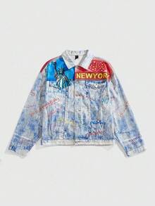 ROMWE MEN Street Life Men's Autumn Letter & Architecture Pattern Long Sleeve Single-Breasted Casual Denim Jacket - Multicolor - View 2